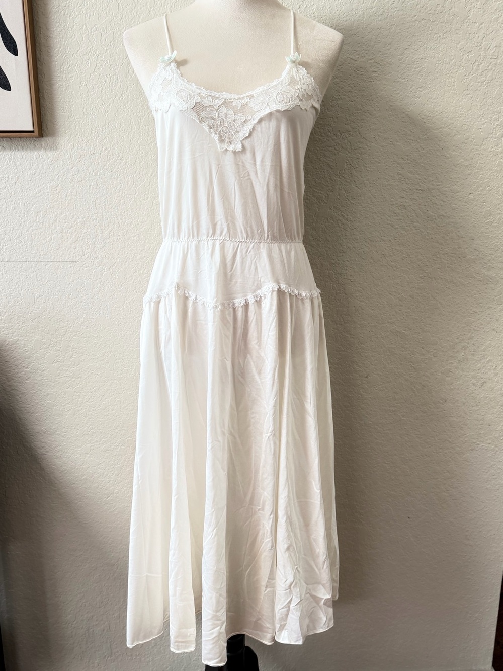 Vintage Henson Kickernick Nightgown Lace Maxi Slip Dress Ivory Nylon Rayon Sz L